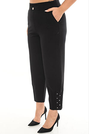 Büyük Beden Mom Yüksek Bel Paça Taş Detaylı Örme Kadın Pantolon