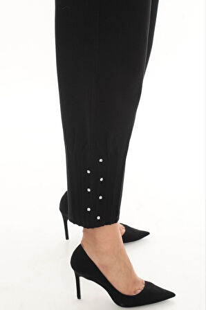 Büyük Beden Mom Yüksek Bel Paça Taş Detaylı Örme Kadın Pantolon