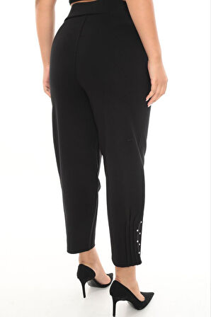 Büyük Beden Mom Yüksek Bel Paça Taş Detaylı Örme Kadın Pantolon