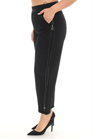 Büyük Beden Mom Yüksek Bel Fermuar Detaylı Örme Kadın Pantolon