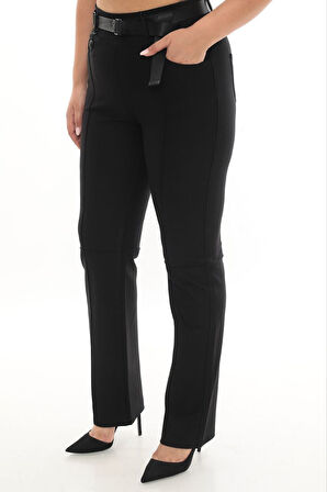 Büyük Beden Toparlayıcı Kemerli Yüksek Bel Boru Paça Örme Kadın Pantolon