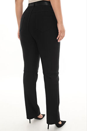 Büyük Beden Toparlayıcı Kemerli Yüksek Bel Boru Paça Örme Kadın Pantolon