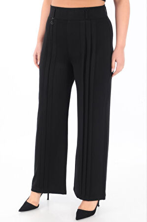 Büyük Beden Toparlayıcı Yüksek Bel Pile Detaylı Boru Paça Örme Kadın Pantolon