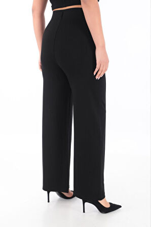 Büyük Beden Toparlayıcı Yüksek Bel Pile Detaylı Boru Paça Örme Kadın Pantolon