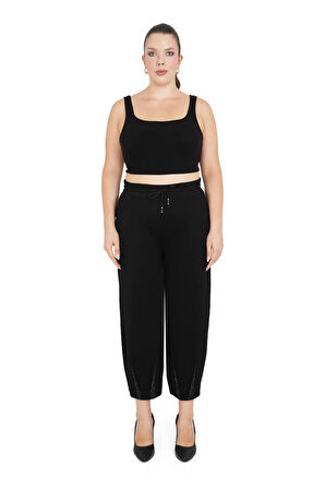 Büyük Beden Mom Yüksek Bel Paça Detaylı Örme Kadın Pantolon