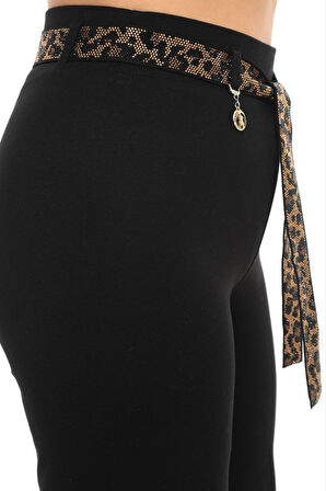 Büyük Beden Toparlayıcı Taşlı Kemer Yüksek Bel Taş Detaylı Geniş Paça Örme Kadın Pantolon