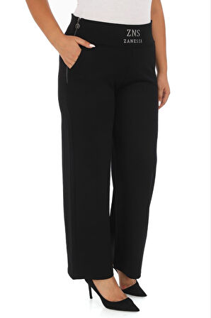 Büyük Beden Toparlayıcı Taşlı Kemer Yüksek Bel Taş Detaylı Geniş Paça Örme Kadın Pantolon