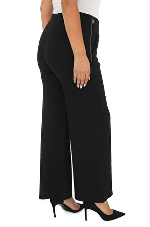 Büyük Beden Toparlayıcı Taşlı Kemer Yüksek Bel Taş Detaylı Geniş Paça Örme Kadın Pantolon