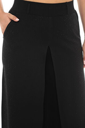 Büyük Beden Toparlayıcı Yüksek Bel Geniş Paça Örme Taşlı Kadın Etek Pantolon