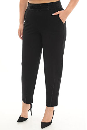 Büyük Beden Mom Taş Detaylı Yüksek Bel Boru Paça Örme Kadın Pantolon