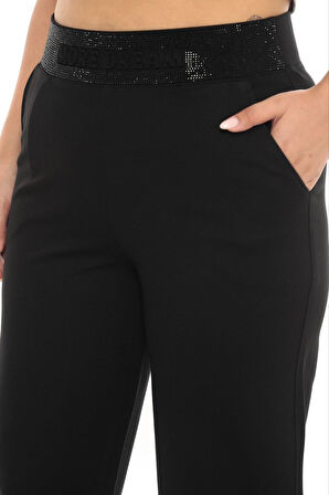 Büyük Beden Mom Taş Detaylı Yüksek Bel Boru Paça Örme Kadın Pantolon