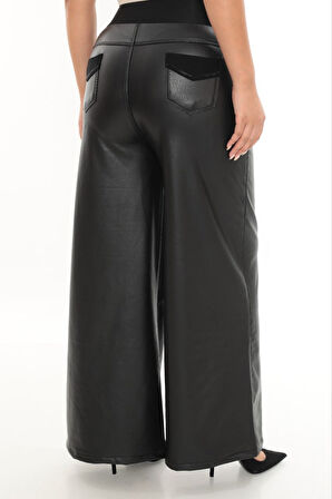 Büyük Beden Deri Toparlayıcı Yüksek Bel Önden Cepli Geniş Paça Kadın Pantolon