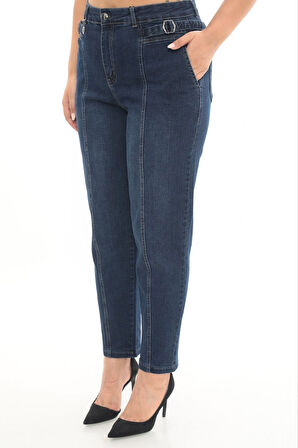 Büyük Beden Denim Mom Yüksek Bel Cep Detaylı Kadın Pantolon