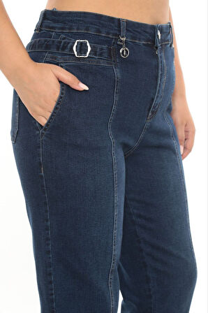 Büyük Beden Denim Mom Yüksek Bel Cep Detaylı Kadın Pantolon