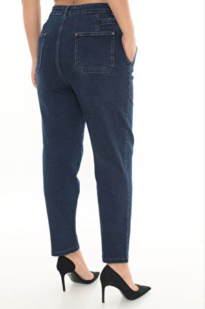 Büyük Beden Denim Mom Yüksek Bel Cep Detaylı Kadın Pantolon