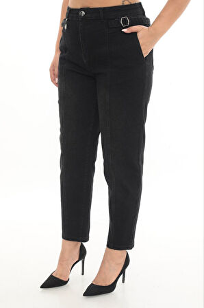 Büyük Beden Denim Mom Yüksek Bel Cep Detaylı Kadın Pantolon