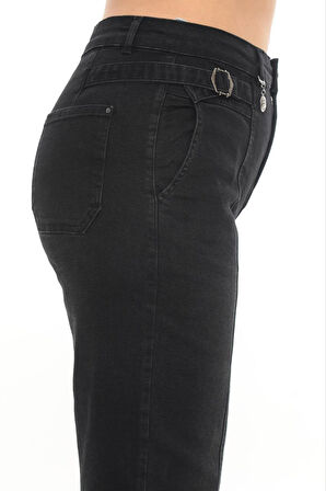 Büyük Beden Denim Mom Yüksek Bel Cep Detaylı Kadın Pantolon