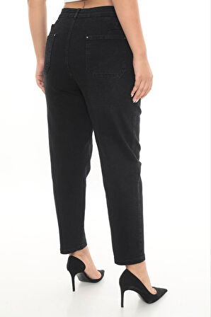 Büyük Beden Denim Mom Yüksek Bel Cep Detaylı Kadın Pantolon