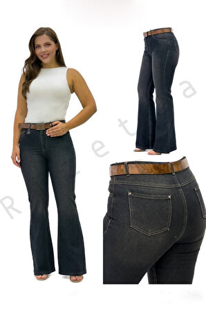 Büyük Beden Denim Toparlayıcı Kemerli Yüksek Bel İspanyol Paça Kadın Pantolon