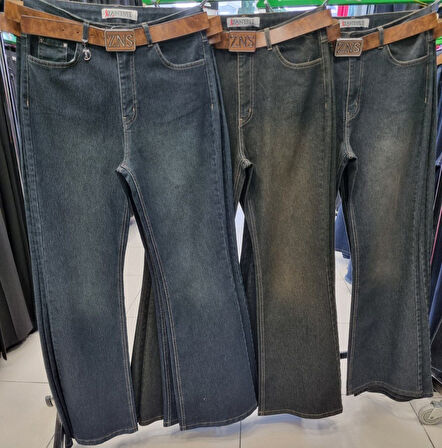 Büyük Beden Denim Toparlayıcı Kemerli Yüksek Bel İspanyol Paça Kadın Pantolon