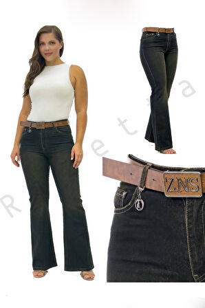 Büyük Beden Denim Toparlayıcı Kemerli Yüksek Bel İspanyol Paça Kadın Pantolon