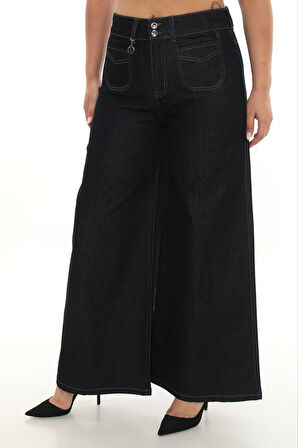 Büyük Beden Denim Toparlayıcı Yüksek Bel Önden Cepli Geniş Paça Kadın Pantolon