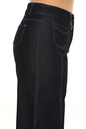 Büyük Beden Denim Toparlayıcı Yüksek Bel Önden Cepli Geniş Paça Kadın Pantolon