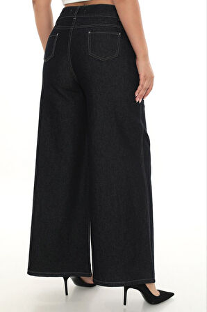 Büyük Beden Denim Toparlayıcı Yüksek Bel Önden Cepli Geniş Paça Kadın Pantolon