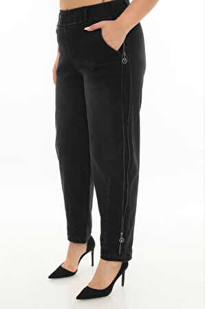 Büyük Beden Denim Mom Yüksek Bel Fermuar Detaylı Kadın Pantolon