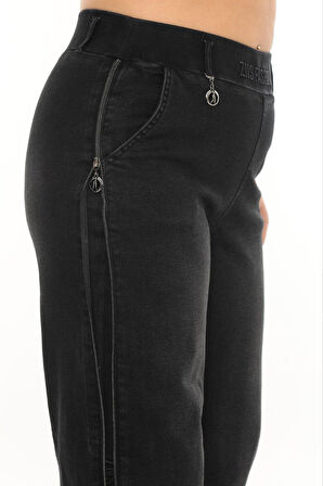 Büyük Beden Denim Mom Yüksek Bel Fermuar Detaylı Kadın Pantolon