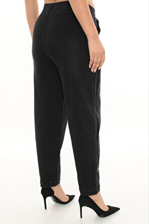 Büyük Beden Denim Mom Yüksek Bel Fermuar Detaylı Kadın Pantolon