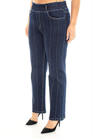 Büyük Beden Denim Toparlayıcı Yüksek Bel Boru Paça Taşlı Kadın Pantolon
