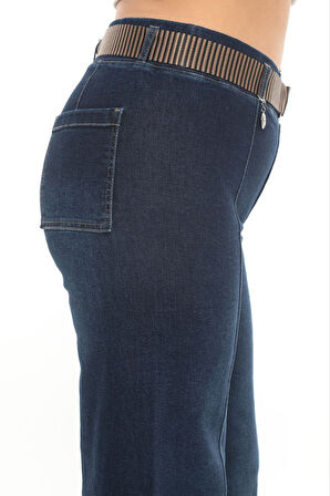 Büyük Beden Toparlayıcı Kemerli Yüksek Bel Boru Paça Denim Kadın Pantolon