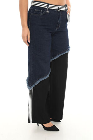 Büyük Beden Toparlayıcı Kemerli Yüksek Bel Boru Paça Denim Örme Detaylı Kadın Pantolon