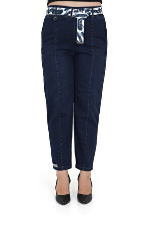 Büyük Beden Mom Kemerli Yüksek Bel Denim Kadın Pantolon