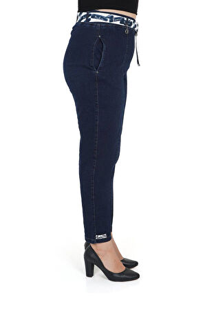 Büyük Beden Mom Kemerli Yüksek Bel Denim Kadın Pantolon
