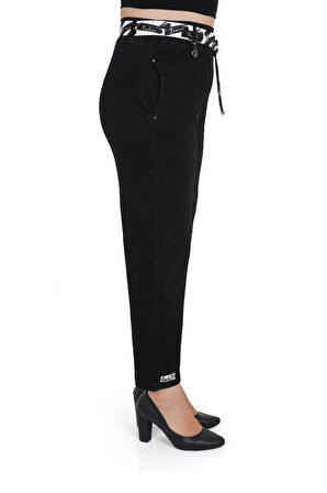 Büyük Beden Mom Kemerli Yüksek Bel Denim Kadın Pantolon