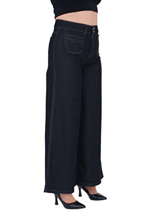 Büyük Beden Toparlayıcı Yüksek Bel Önden Cepli Denim Geniş Paça Kadın Pantolon