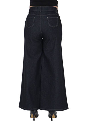 Büyük Beden Toparlayıcı Yüksek Bel Önden Cepli Denim Geniş Paça Kadın Pantolon
