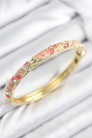 Mineli Pirinç Zirkon Taşlı Pembe Çiçek Motifli Gold Kadın Kelepçe