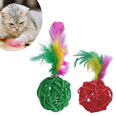 Evyora® 2li Rattan Renkli Peluş Tüy Kedi Köpek Oyuncak Yakalama Çiğneme Çıngıraklı Top Oyuncağı