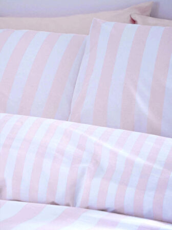 Pink Striped Pamuk Çift Kişilik Çarşafı Lastikli Nevresim Takımı