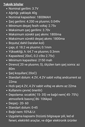 18650 Li-ion 3.7 V 1800 Mah Şarj Edilebilir Pil Sertec - 4 Adet