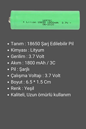 18650 Li-ion 3.7 V 1800 Mah Şarj Edilebilir Pil Sertec - 4 Adet