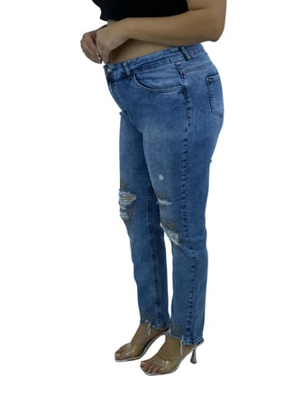 Büyük Beden Denim Taşlı Yırtık Yıpratma Detaylı Dar Paça Kadın Pantolon