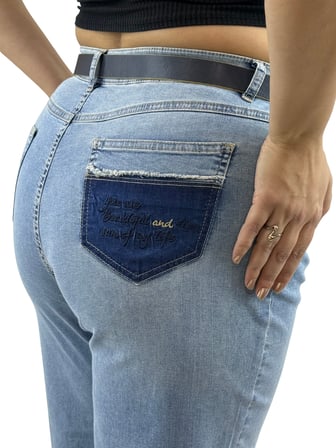 Büyük Beden Denim Kemerli Yüksek Bel Toparlayıcı Bol Paça Kadın Pantolon