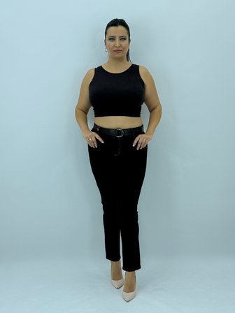 Büyük Beden Toparlayıcı Yüksek Bel Kemerli Dar Paça Denim Örme Kumaş Kadın Pantolon