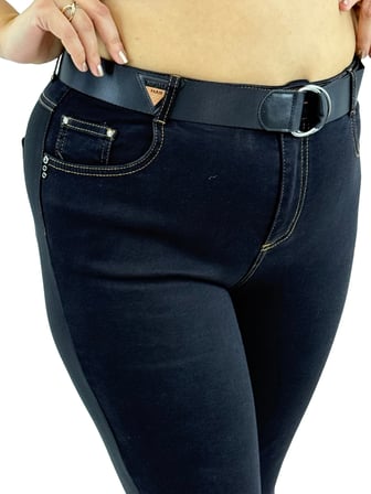 Büyük Beden Toparlayıcı Yüksek Bel Kemerli Dar Paça Denim Örme Kumaş Kadın Pantolon