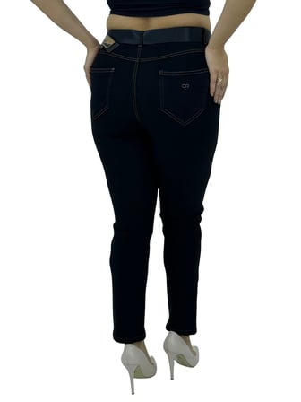 Büyük Beden Toparlayıcı Yüksek Bel Kemerli Dar Paça Denim Örme Kumaş Kadın Pantolon