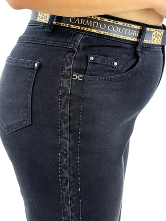 Büyük Beden Denim Mom Kemerli Yüksek Bel Taş Detaylı Kadın Pantolon